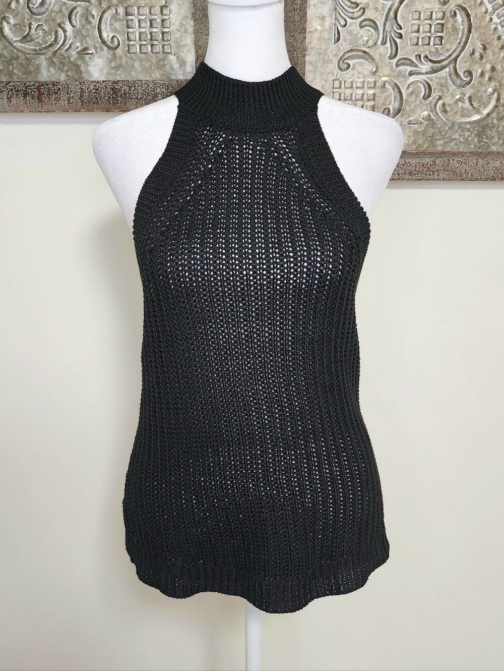 Lovemarks Black Knit Crochet High Neck Tank Top Med Summer Nights Baddie Casual